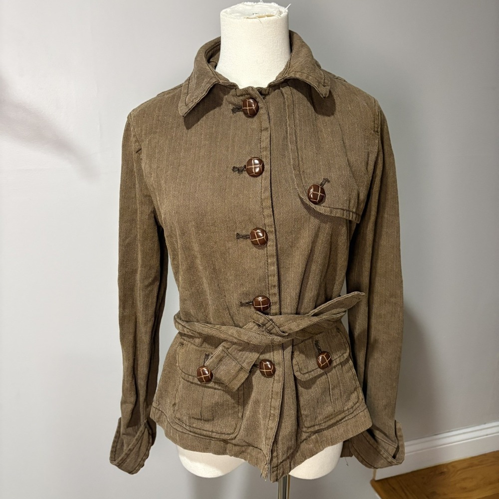 Vintage Y2K Gap Belted Utility Jacket Button Brown Sz Small